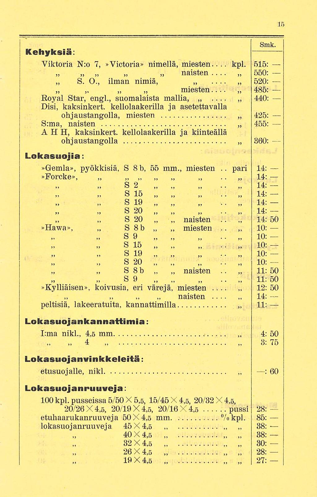 kpl....... pari.. *......... 12: 4: Kehyksiä;.. Viktoria N:o 7,»Victoria» nimellä, miesten.. 515: naisten 550:... S. 0., ilman nimiä, 520: kellolaakerilla ja kiinteällä ohjaustangolla 360: miesten.