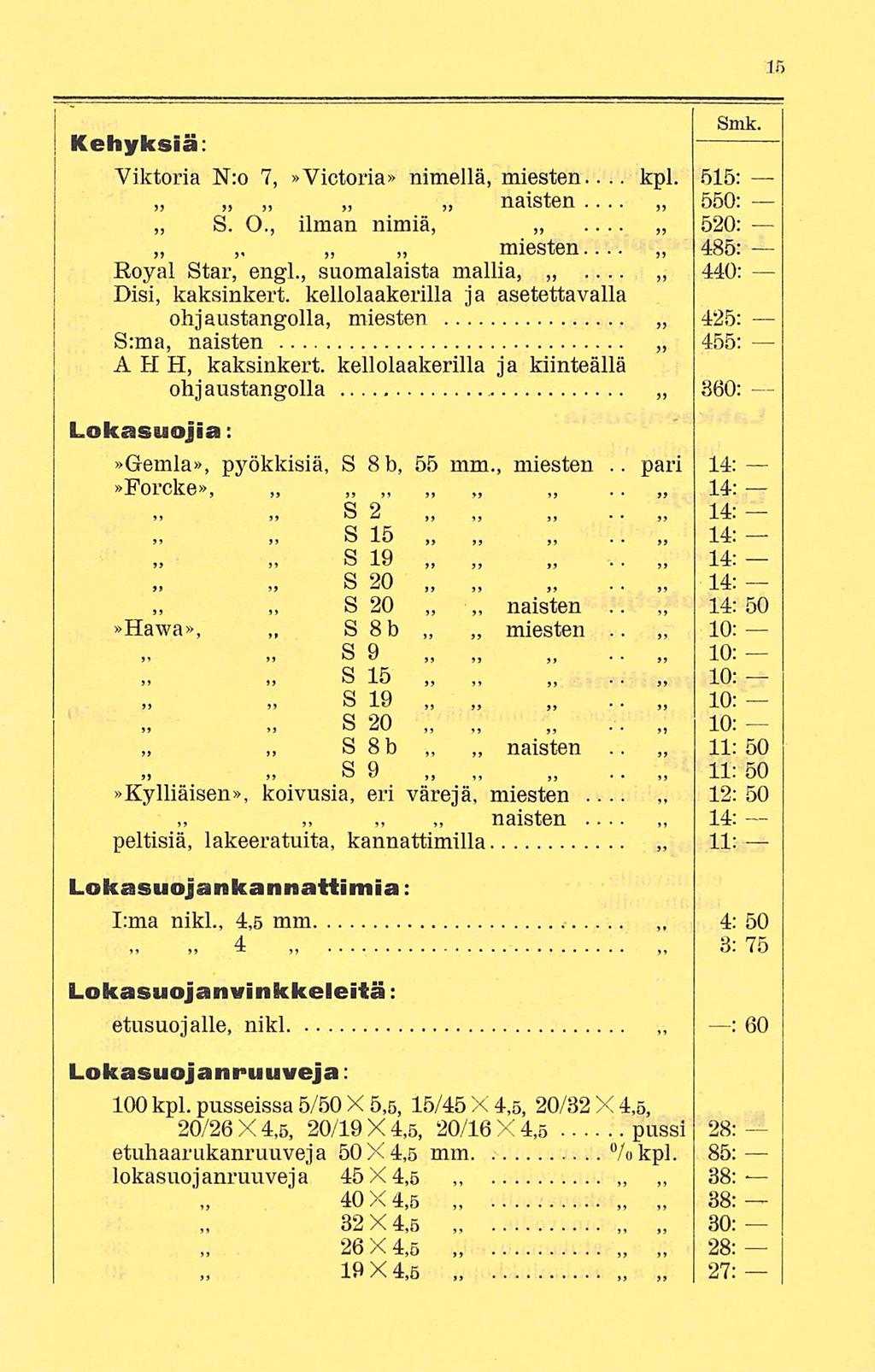 kpl....... pari.. *......... 12: 4: Kehyksiä;.. Viktoria N:o 7,»Victoria» nimellä, miesten.. 515: naisten 550:... S. 0., ilman nimiä, 520: kellolaakerilla ja kiinteällä ohjaustangolla 360: miesten.