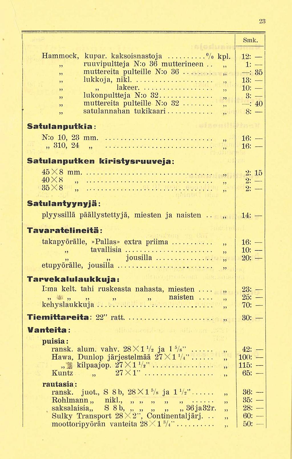 Smk. Hammock, kupar. kaksoisnastoja % kpl. 12: ruuvipultteja N:o 36 mutterilleen.