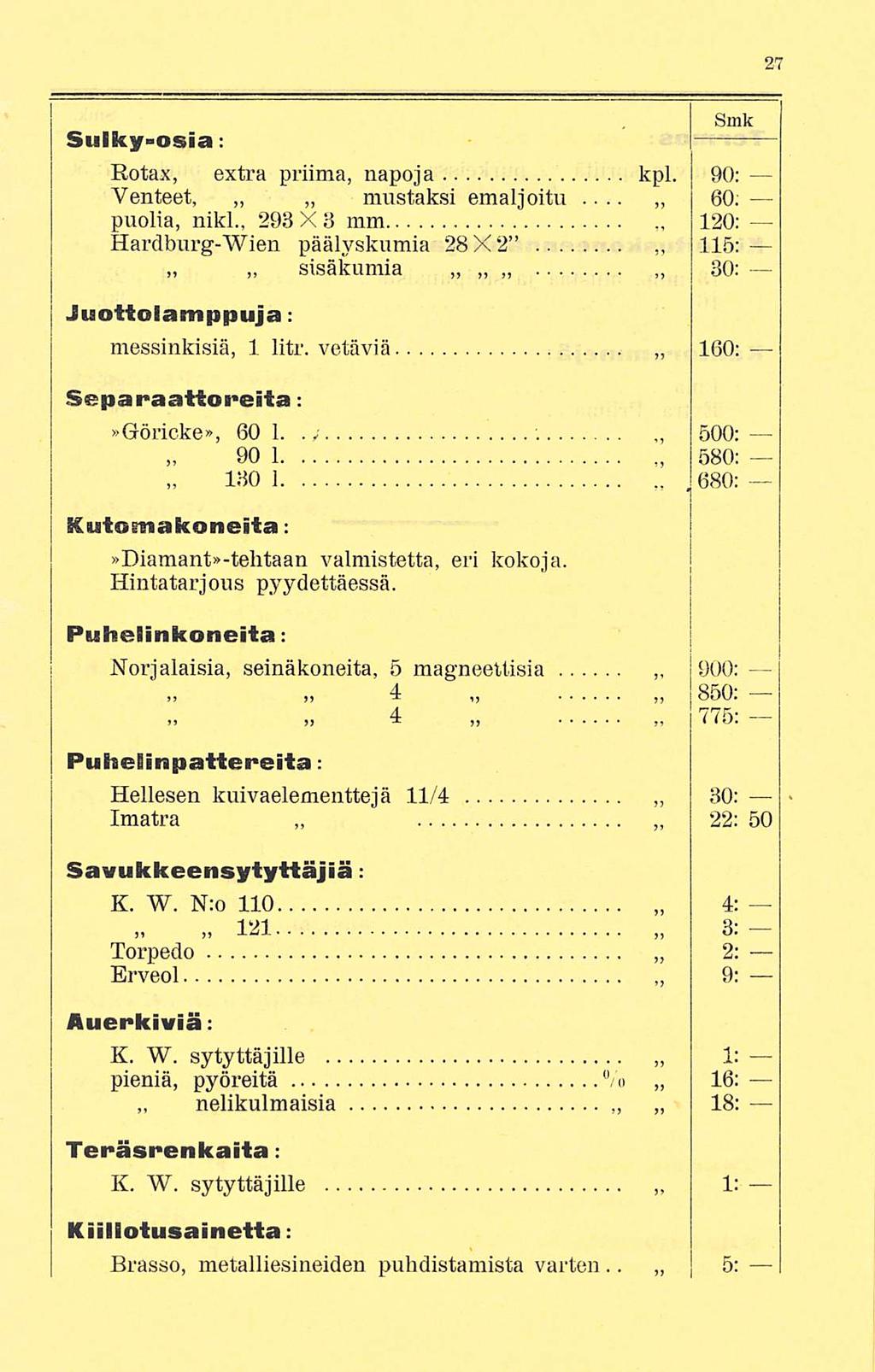 Smk Sulky-osia: Eotax, extra priima, napoja kpl. 90: Venteet, mustaksi emaljoitu... 60; puolia, nikl.