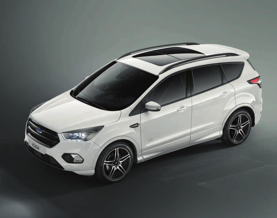 FORD KUGA Vanteet Kuvassa on Ford Kuga ST-Line, väri Frozen White, valinnaisvarusteena takaspoileri ja 19" kevytmetallivanteet (D2VBE).