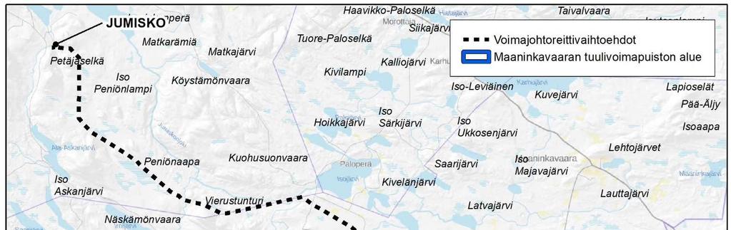 Ympäristövaikutusten arviointiohjelma 17 Edellä kuvatusta johtuen EPV Tuulivoima teki vielä kertaalleen tarkempia selvityksiä eri johtoreittisuunnista seuraavaan marraskuussa 2017 Posiolla pidettyyn