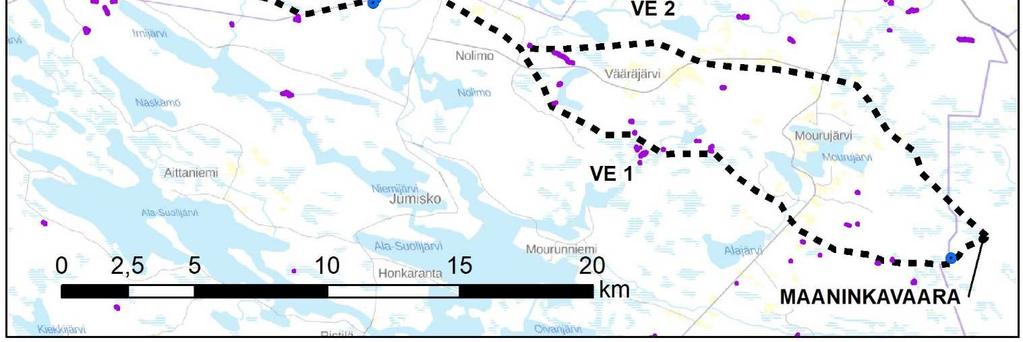 Vaihtoehdot sijoittuvat Tolvan paliskunnan alueelle noin 27 km:n matkalla ja Hirvasniemen paliskunnan alueelle noin 18 km matkalla.