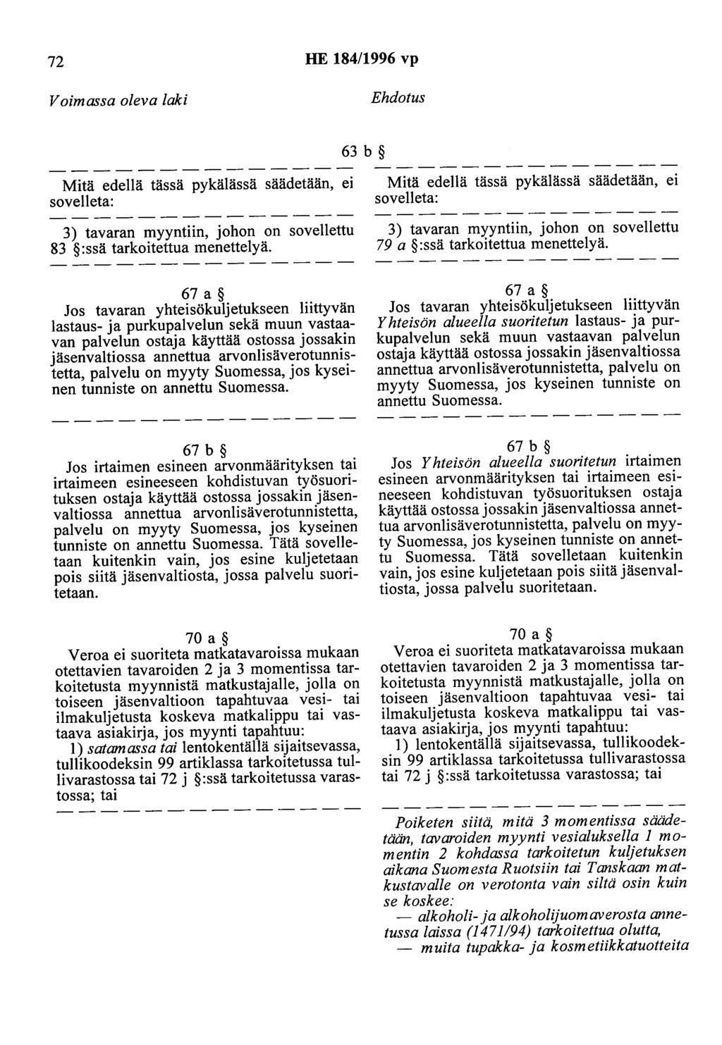 72 HE 184/1996 vp Voimassa oleva laki Ehdotus 63 b Mitä edellä tässä pykälässä säädetään, ei sovelleta: 3) tavaran myyntiin, johon on sovellettu 83 :ssä tarkoitettua menettelyä.