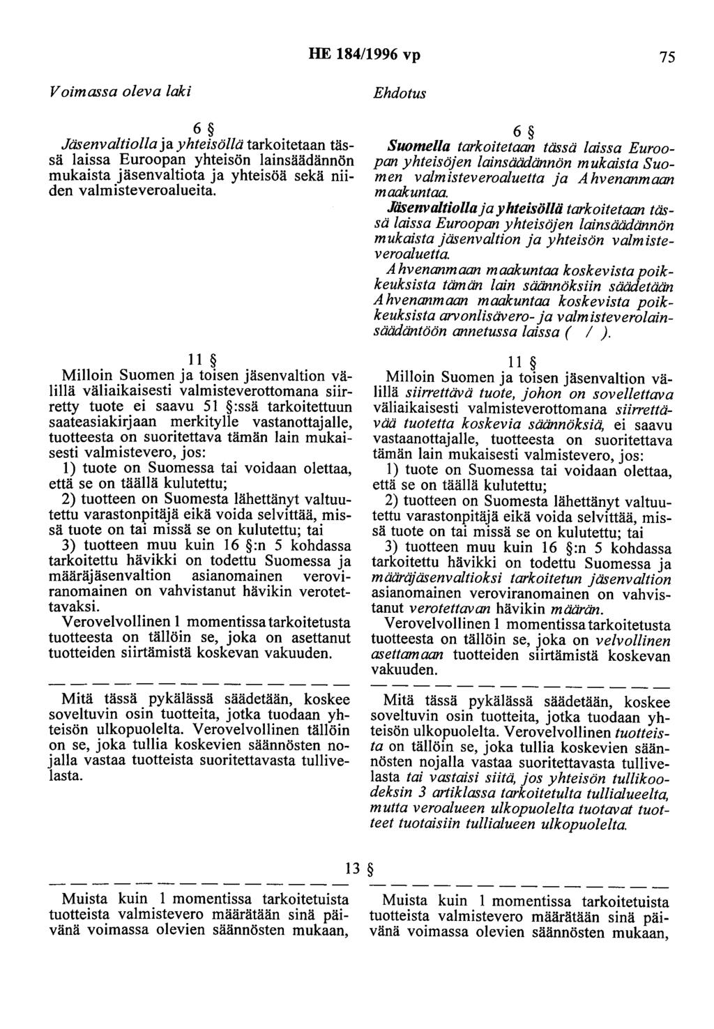 HE 184/1996 vp 75 Voimassa oleva laki 6 Jäsenvaltiolla ja yhteisöllä tarkoitetaan tässä laissa Euroopan yhteisön lainsäädännön mukaista jäsenvaltiota ja yhteisöä sekä niiden valmisteveroalueita.