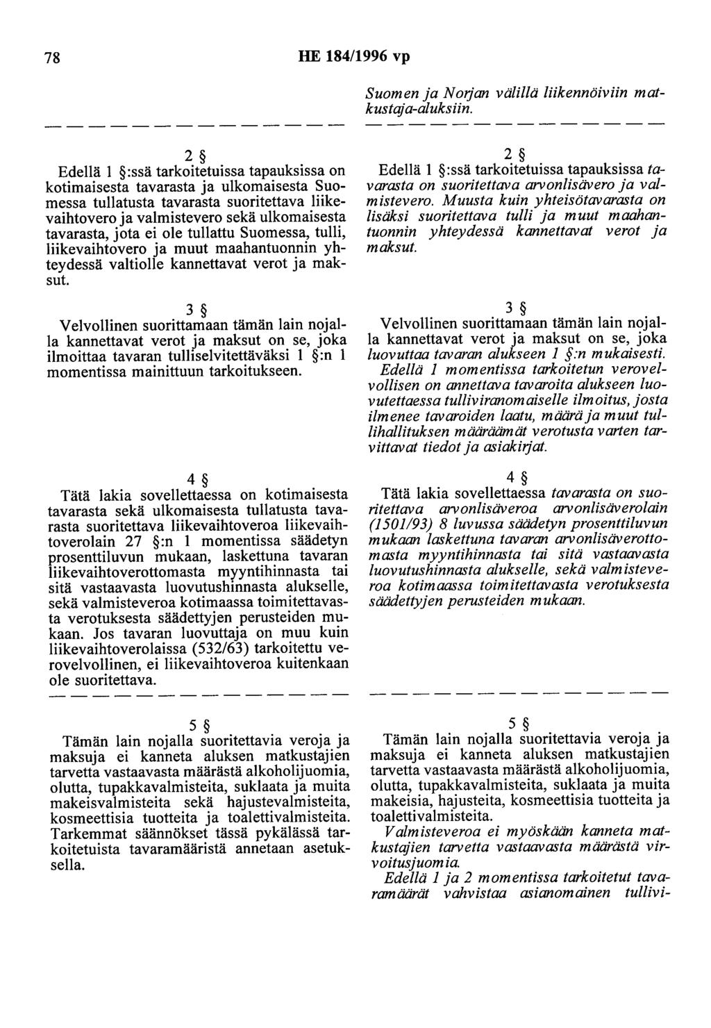 78 HE 184/1996 vp Suomen ja Noljan välillä liikennöiviin matkustaja-aluksiin.