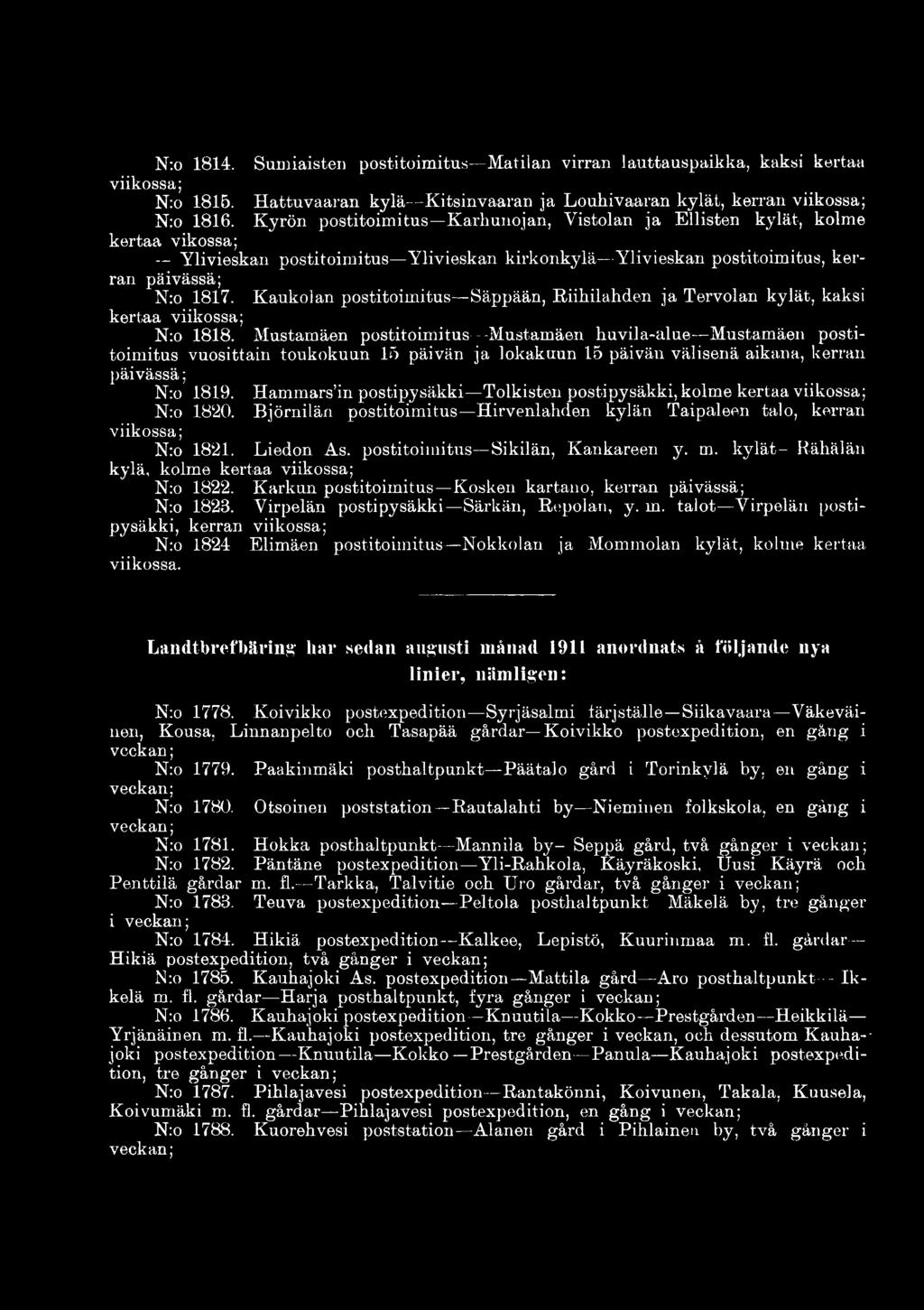 Hammars in postipysäkki Tolkisten postipysäkki, kolme kertaa viikossa; N:o 1820. Björnilän postitoimitus Hirvenlahden kylän Taipaleen talo, kerran viikossa; N:o 1821. Liedon As.
