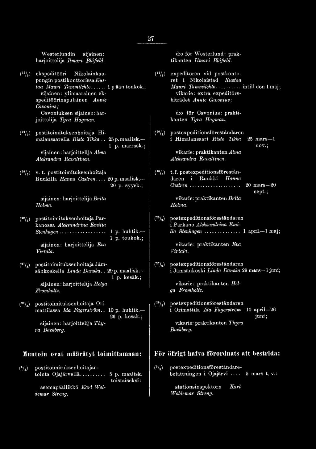 ('Va) postexpeditionsf öreståndaren i Himalansaari Risto Tikka vikarie: praktikanten Alma Aleksandra Ravattinen. 25 mars 1 nov.; (18/s) v. t. postitoim ituksenhoitaja Ruukilla Hanna Castren 20 p.
