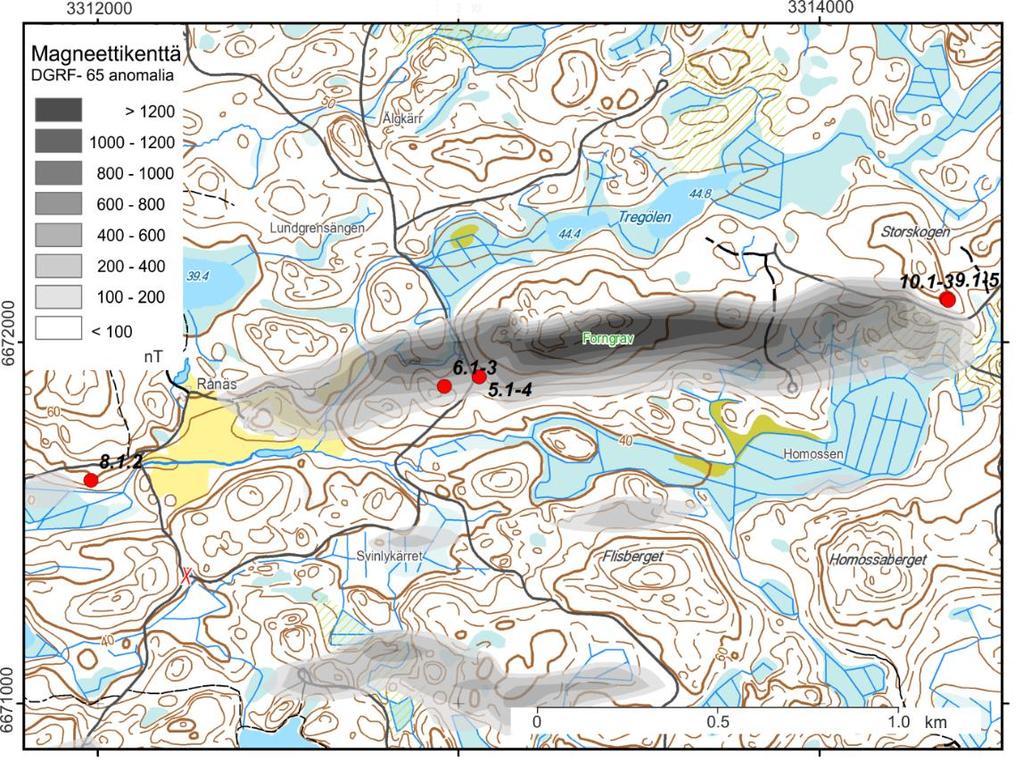 GEOLOGIAN TUTKIMUSKESKUS GTK 52/2017 7 Kuva 4. Rånäsin kohteen yksinkertaistettu (naparedukoimaton) aeromagneettinen kartta. Näytteenottokohteet, paljastumat 5-10, on esitetty punaisilla ympyröillä.