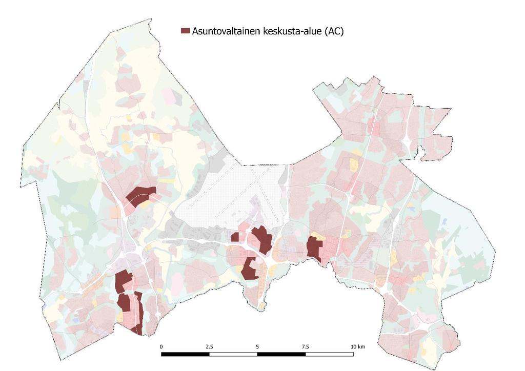 Asumisen alueiden maankäyttöluokat Asuntovaltainen keskustatoimintojen alue AC: Kuva 17. Asuntovaltaiset keskustatoimintojen alueet yleiskaavaluonnoksessa.