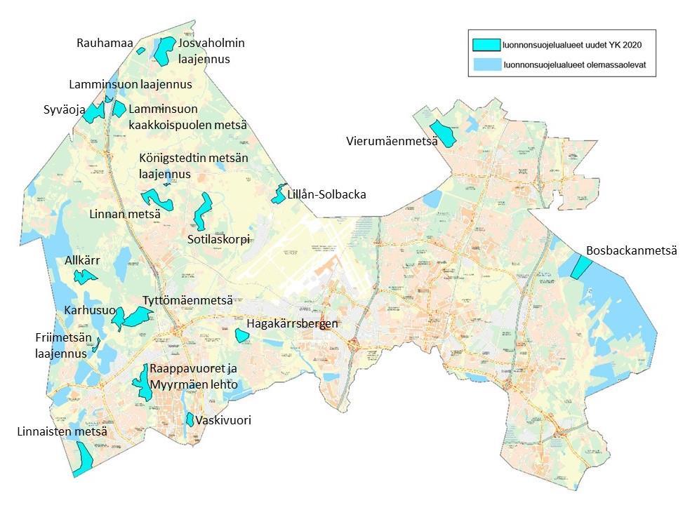 alueina. Uusien esitettävien suojelualueiden kuten myös uusien luo-alueiden nimet ovat tässä vaiheessa ns. työnimiä ja tulevat tarkentumaan. Kuva 28.