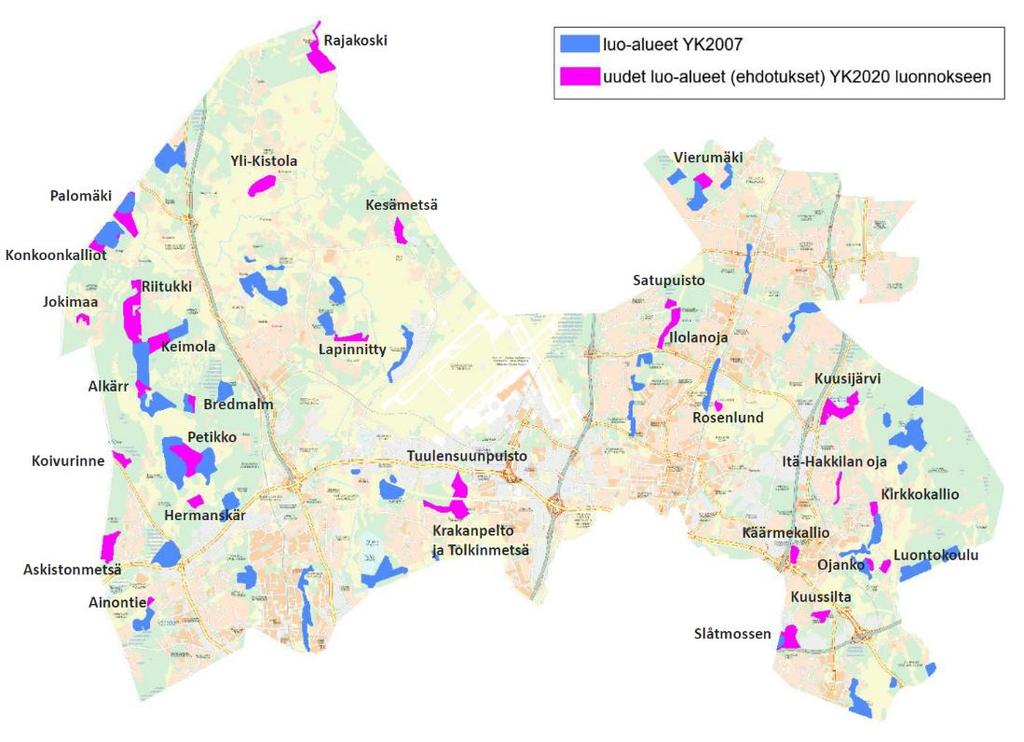 Kuva 29. Uudet yleiskaavan luo-alueet Luonnoksen uudet luo-alueet sijoittuvat pääosin VR- ja VL-alueille päällekkäismerkintänä.