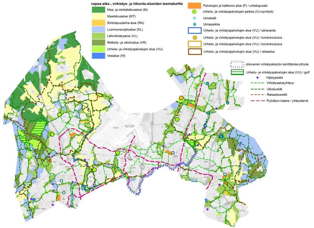 Urheilu- ja virkistyspalvelujen paikka -merkintä osoittaa kasvavan kaupungin tarvitsemia uusia urheilun ja virkistyksen toimintojen sijainteja.