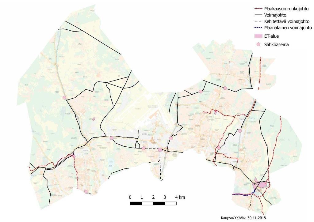 Voimajohtoverkosto, jäte- ja raakavesitunnelit, maakaasun runkojohdot, voimalaitokset sekä keskeisimmät sähköasemat on merkitty myös maakuntakaavassa.