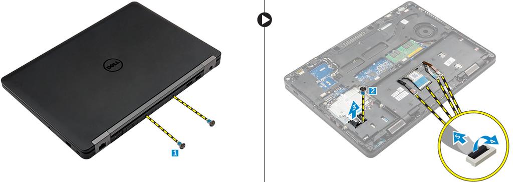 3 Telakan kehyksen liitäntöjen irrottaminen: a Irrota ruuvit, joilla telakan kehys kiinnittyy tietokoneeseen [1]. b Irrota ruuvi ja nosta SSD-levy tietokoneesta [2, 3].
