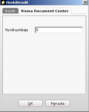 Tästä lisää Document Center käyttöönotto-osuudessa. Henkilörekisteri Muokkaa Henkilöroolit Visma Document Center -välilehti: Henkilöroolit, Document Center hyväksyntäraja. 4.2.3 Esimiessuhteet 3.