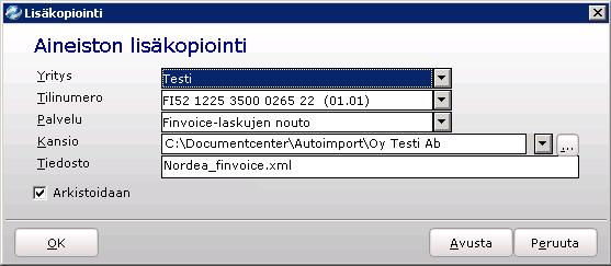 Pankkitilin lisäkopiointimääritykset. Kenttä Yritys Tilinumero Palvelu Kansio Tiedosto Arkisto Kuvaus Lisäkopiointi on yrityskohtainen. Lisäkopiointi on pankkitilikohtainen. Finvoice-laskujen nouto.