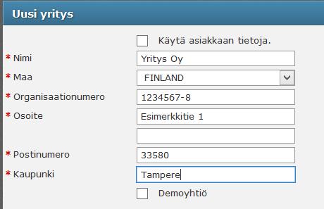 2.4 Yrityksen lisääminen Valitse Yritykset-välilehti ja klikkaa [Uusi yritys] painiketta. Syötä yrityksen tiedot ja klikkaa [Muodosta]. Aktivoi Visma.