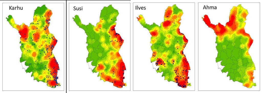 Luonnonvara- ja biotalouden tutkimus / Kuva. Eri petojen aiheuttamien vahinkojen alueellinen keskittyminen (lämpökartta) ja kaadetut suurpedot (mustat pisteet).
