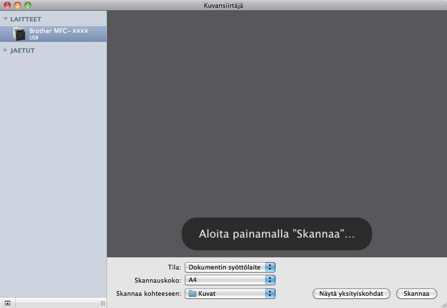 Skannaus e Valitse Skannaa kohteeseen -kohdassa kohdekansio tai -sovellus. Voit säätää seuraavia asetuksia valintataulussa, joka avautuu, kun osoitat Näytä yksityiskohdat.