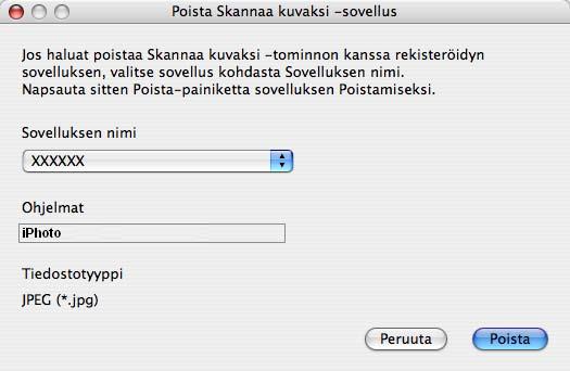 ControlCenter2 Anna Sovelluksen nimi (enintään 30 merkkiä) ja valitse haluamasi sovellus osoittamalla Selaa-painiketta. Valitse Tiedostotyyppi ponnahdusvalikosta. Voit poistaa lisäämiäsi sovelluksia.