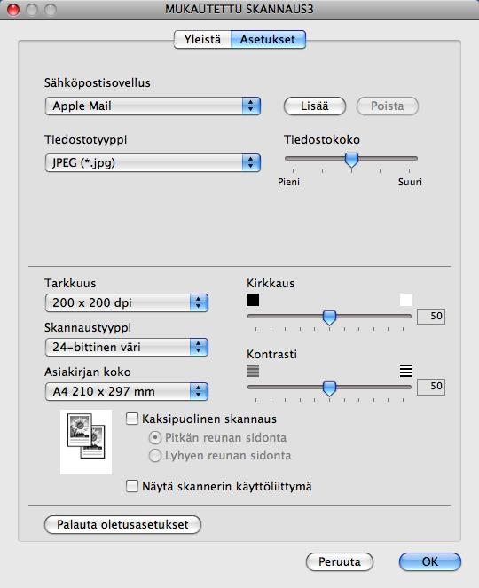 ControlCenter2 Skannaa sähköpostiin 10 Yleistä-välilehti Anna painikkeelle nimi kohtaan Oma nimi (enintään 30 merkkiä). Valitse skannaustyyppi Skannaustoimenpide-kentästä.