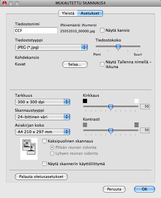 Valitse seuraavat asetukset: Tarkkuus, Skannaustyyppi, Asiakirjan koko, Kaksipuolinen skannaus (malleissa DCP-9270CDN, MFC-9465CDN ja MFC-9970CDW tarpeen mukaan), Näytä skannerin käyttöliittymä,