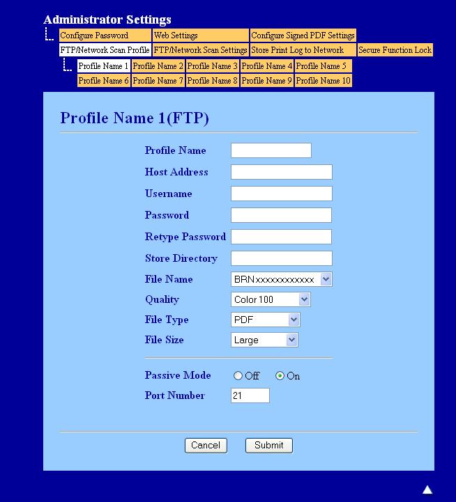 Verkkoskannaus FTP-oletusasetusten määritys 13 Passive Mode (Passiivitila) voidaan poistaa käytöstä (OFF Ei) tai ottaa käyttöön (ON Kyllä) FTPpalvelimen ja verkon palomuurin asetuksista riippuen.