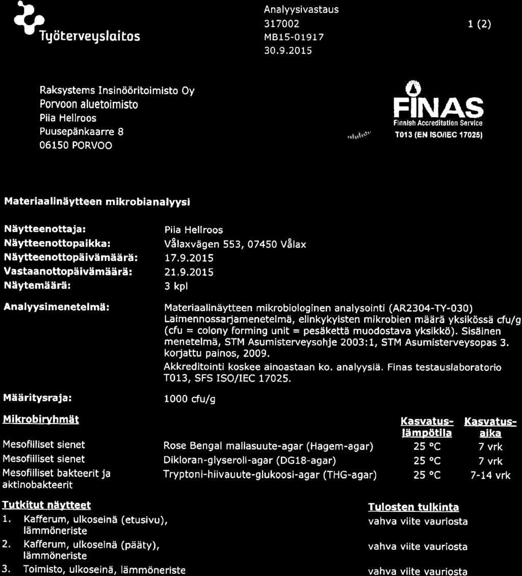 Qoor.rvesstoiEos Raksystems Insi n66ritoi misto Oy Porvoon aluetoimisto Piia Hellroos Puusepdnkaarre I 06150 PORVOO Analyysivastaus 317002 MB15-01917 30.