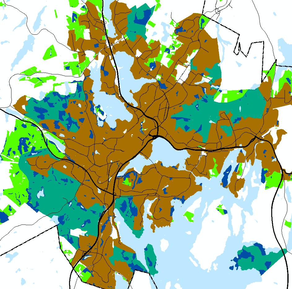 Virkistävät metsät Vyöhyke-analyysi talousmetsistä noin 1000 hehtaaria (n. 28 %) siirtyy ulkoilu- ja virkistysmetsiin Ulkoilu- ja virkistysmetsillä (n.