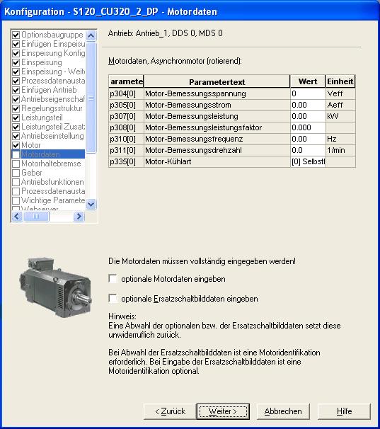 Käyttöönotto 7.11 Moottoriparametrien asettaminen muuttajassa 5. Kirjoita taulukkoon "Moottoritiedot" sarakkeeseen "Arvo" moottorin tiedot. Parametrien p304...p311 arvot löydät moottorin tehokilvestä.
