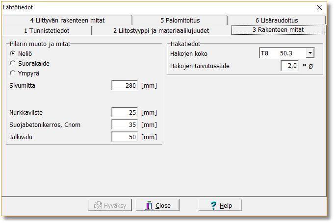 Materiaaliosavarmuustaso Liitostyyppi ja materiaalilujuudet ikkunassa valitaan liitoksen eri osien betoni/teräs lujuudet ja laskennan käyttämä materiaaliosavarmuustaso.