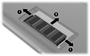 8. Nosta muistimoduulipaikan kantta (2) poispäin laitteesta. 9. Irrota nykyinen muistimoduuli: a. Vedä muistimoduulin sivuilla olevia pidikkeitä (1) ulospäin. Muistimoduuli kallistuu ylöspäin.