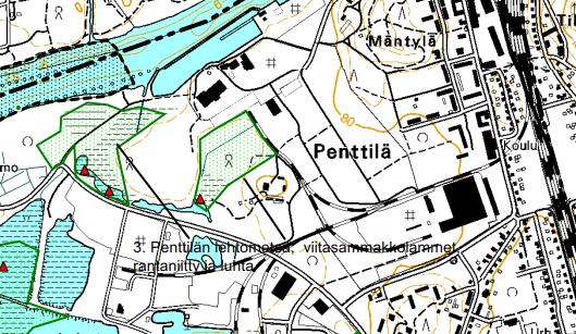 ja teollisuusalueiden täytöt Kuhasalontien varressa. Alue on muutoksessa. 15 Ote Penttilän osayleiskaavaa varten tehdystä luontoselvityksen yhteenvetokartasta (Suunnittelukeskus Oy, 2002).