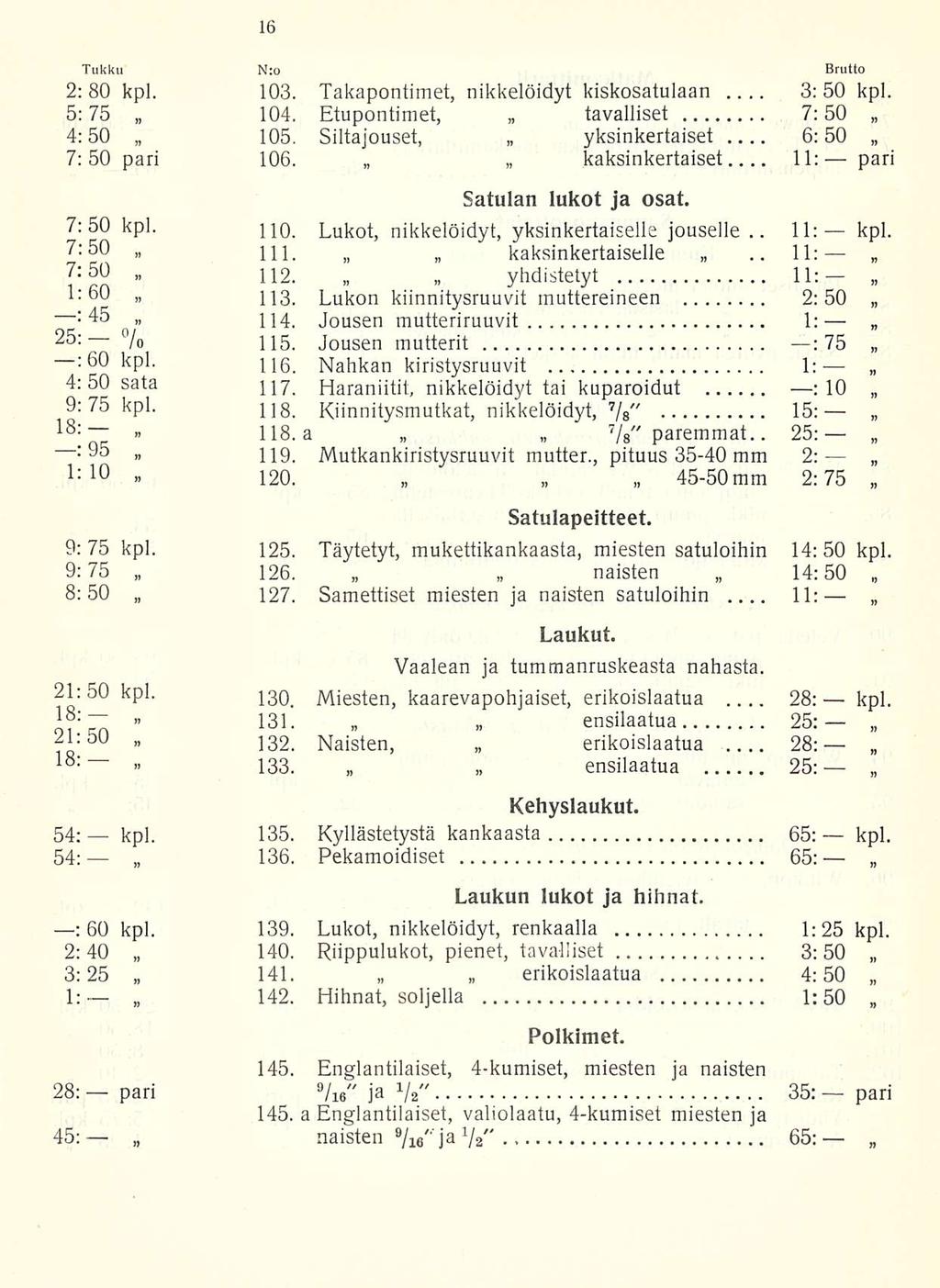 3:50 6:50 11:.. 11: Tukku N:o Brutto 2:80 kpl. 103. Takapontimet, nikkelöidyt kiskosatulaan kpl.... 5:75 104. Etupontimet, tavalliset 7:50 4:50 105. Siltajouset, yksinkertaiset... 7:50 pari 106.