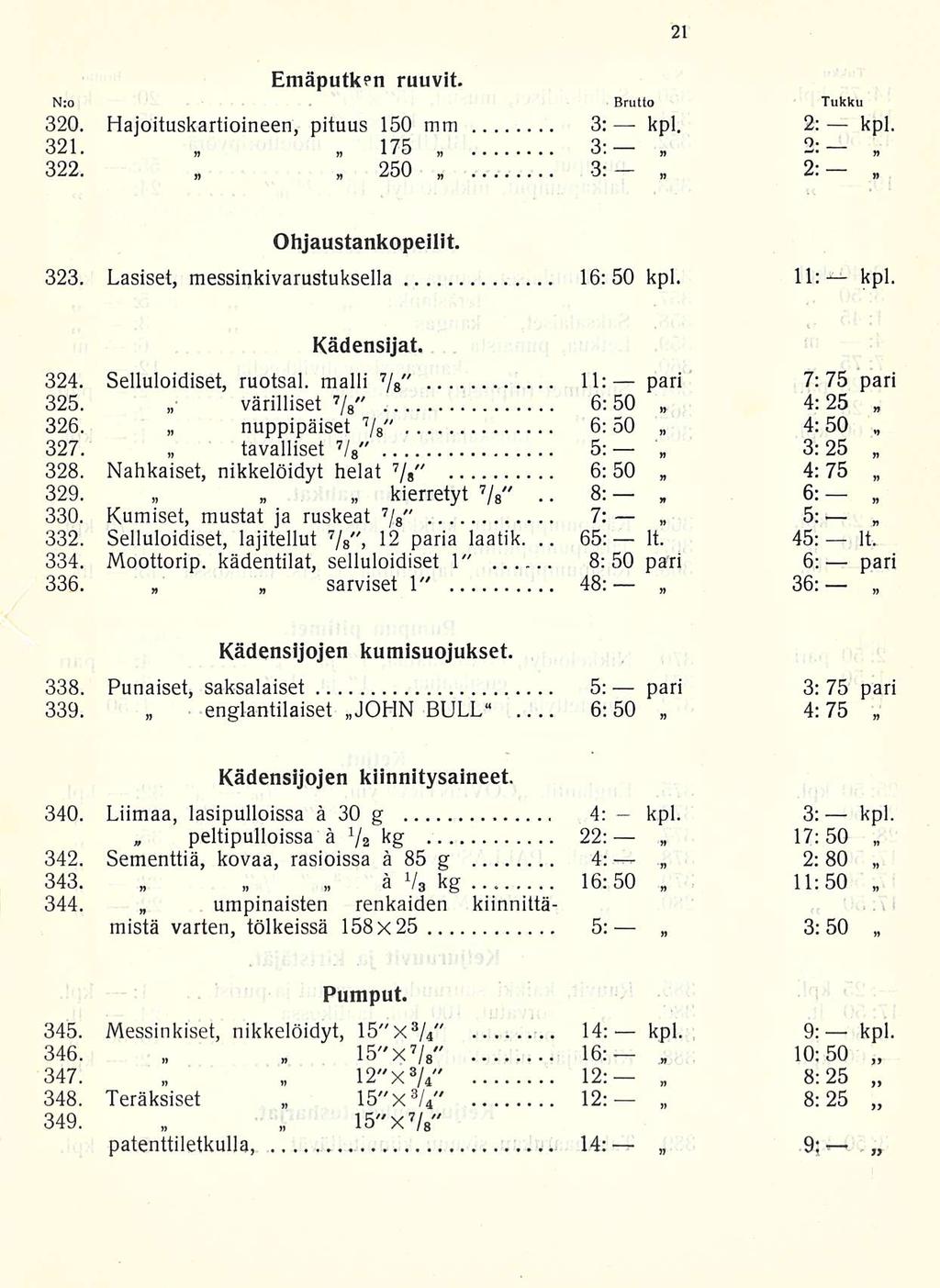 .. 8: 65: 6:50 Emäputk?n ruuvit. N:o Brutto Tukku 320. Hajoituskartioineen, pituus 150 mm 3: kpl. 2: kpl. 321.. 175 3; 2:- - 322.. 250. 3:-. 2: Ohjaustankopeilit. 323.