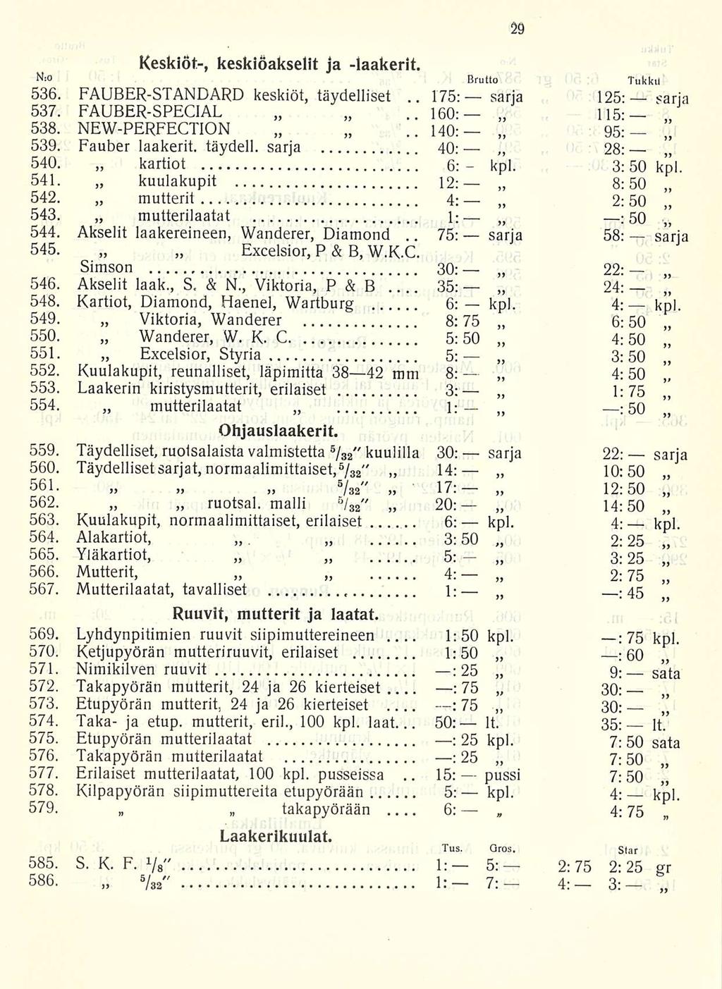 175: 75: 1:50 15: kpl. It. : ' Keskiöt-, keskioakselit ja -laakerit. Nio Brutto Tukku 536. FAUBER-STANDARD keskiöt, täydelliset.. sarja 125: sarja 537. FAUBER-SPECIAL.. 160:- 115:- 538.