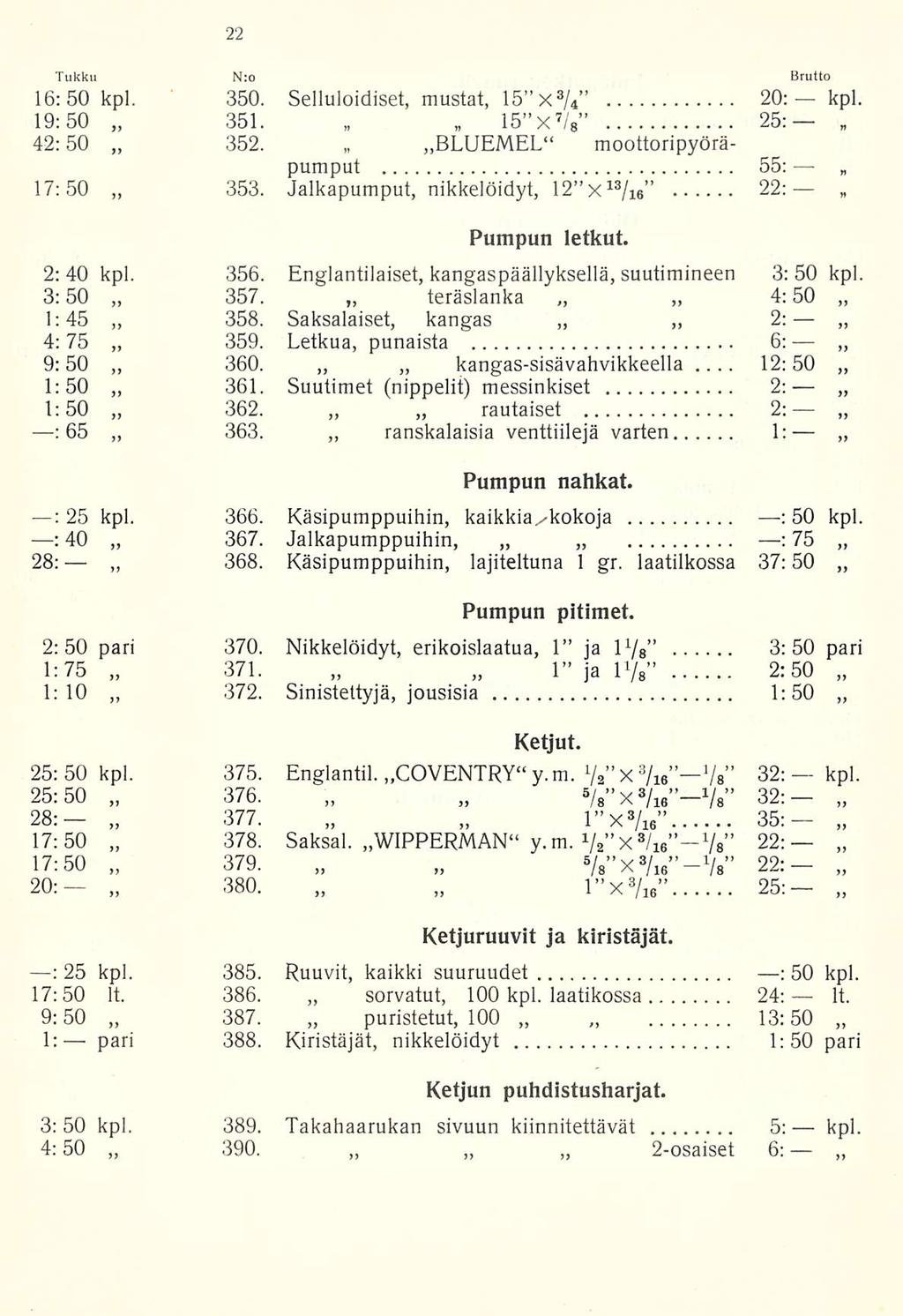 12:50 Tukku Nro Brutto 16:50 kpl. 350. Selluloidiset, mustat, 15 x 3 /4 20: kpl. 19:50 351. 15 x 7 / 8 25: 42:50 352. BLUEMEL moottoripyöräpumput 55: 17:50 353.