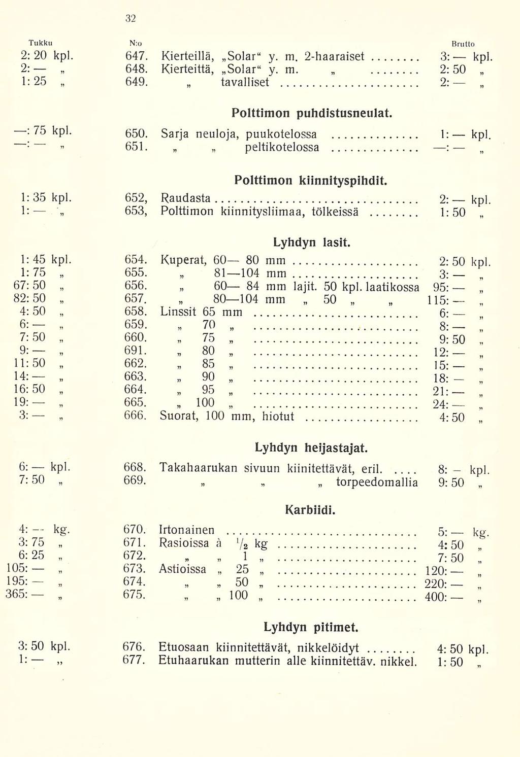 Tukku N:o Brutto 2:20 kpl. 647. Kierteillä, Solar y. m. 2-haaraiset 3: kpl 2: 648. Kierteittä, So!ar y. m. 2:50 1:25 649. tavalliset 2: Polttimon puhdistusneulat. :75 kpl. 550.