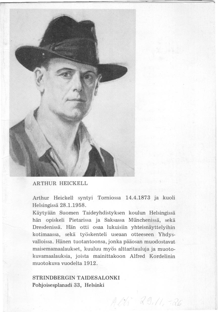 Arthur Heickellin muistonäyttelun ilmoitus