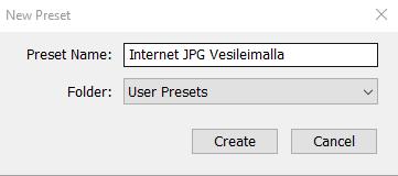 Valmiin kuvan vienti JPG kuvaksi Kuvien vienti Export Presetin luonti Kun olet saanut haluamasilaiset asetukset kuvien Export valikkoon, niin voit tallentaa siitä itsellesi valmiin pohjan eli
