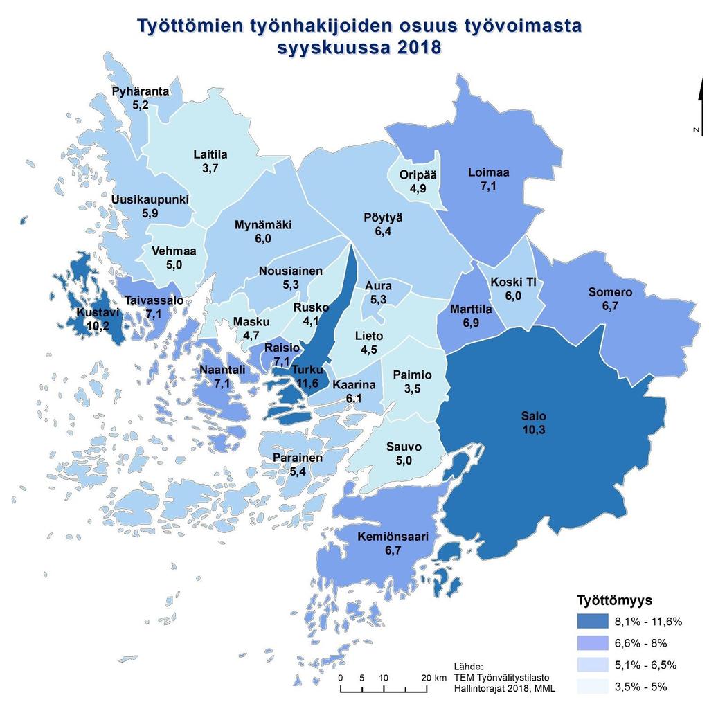 Työttömät työnhakijat ja työttömyysaste Kausitasoitetun työttömyysasteen kehitys seutukunnittain 18% 16% 14% 12%