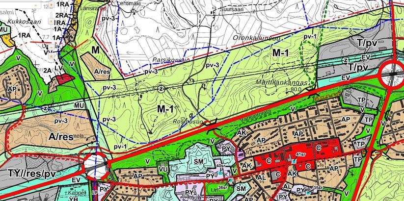 Yleiskaavassa on varattu asumisen reservialue (A/res), teollisuusalue (T/pv), suojaviheralue (EV) ja metsätalousalueita (M-1 ja
