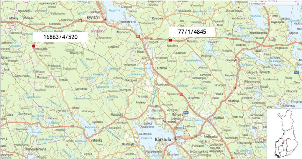 29 3.2.4 Kt 77 Karstula Karstulan mittauskohde sijaitsee osoitteessa Sininentie 470 (Tie 77, tieosa 2, paalu 775) Töyrisuon alueella. Kohteen sijainti kartalla on esitetty kuvassa 21.