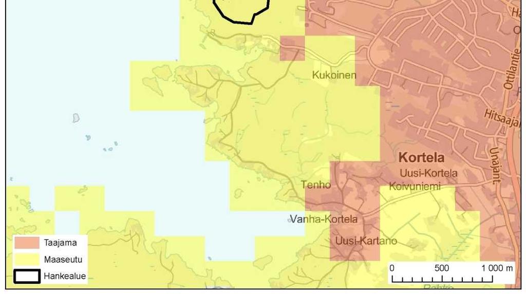 1 km 12 38 2 13 2 km 313 66 36 80 Kuva 6-1. YKR aineiston mukainen yhdyskuntarakenne vuonna 2016.