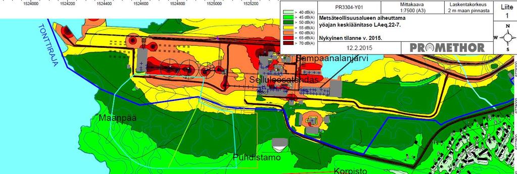 johtuen. Mittaamalla saadut äänitasot Maanpäänniemen Laituritiellä ovat mallinnuksen mukaisia. Sampaanalassa mitatut tulokset ovat olleet hieman mallinnettuja alempia.