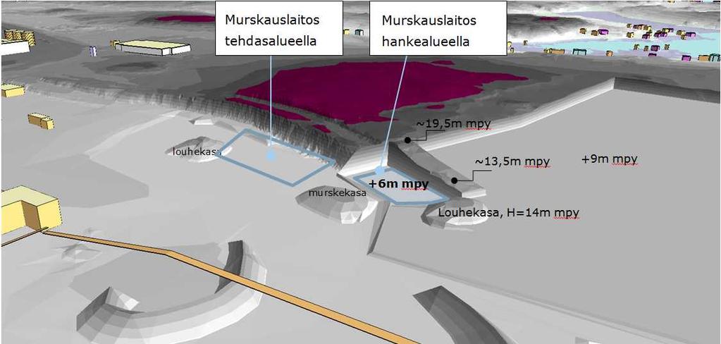sen melun leviämisen suojavaikutusta saadaan tehostettu. Murskauksen melusuojausratkaisu on sama hankevaihtoehdosta riippumatta.