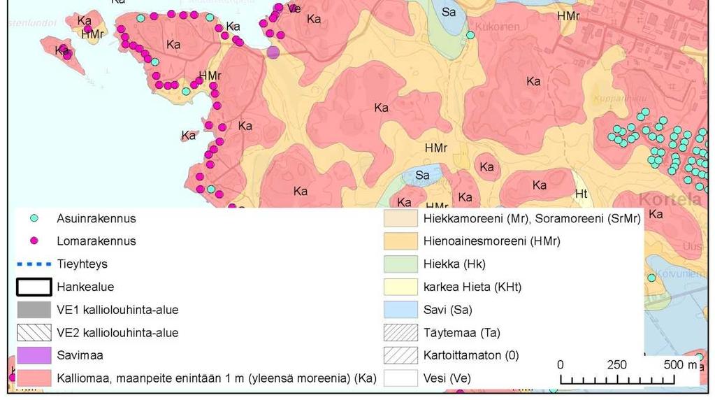 Kuvassa 10-2 on esitetty raja-arvot erityyppisille maaperäolosuhteille rakennetuille asuin- ja lomarakennuksille sekä lähimpien olemassa olevien rakennusten etäisyys hankealueesta ko.