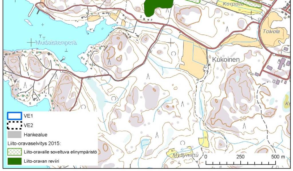 Kuva 14-2. Liito-oravan reviiri sekä lajille suositeltava ekologinen käytävä, joka soveltuu myös elinympäristöksi. Rajaukset ovat vuoden 2015 liito-oravaselvityksen (Ahlman Group 2015a) mukaiset.