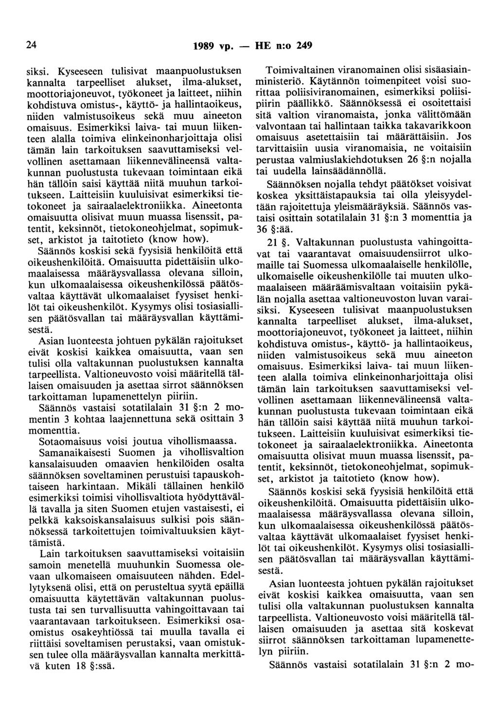 24 1989 vp. - HE n:o 249 siksi.